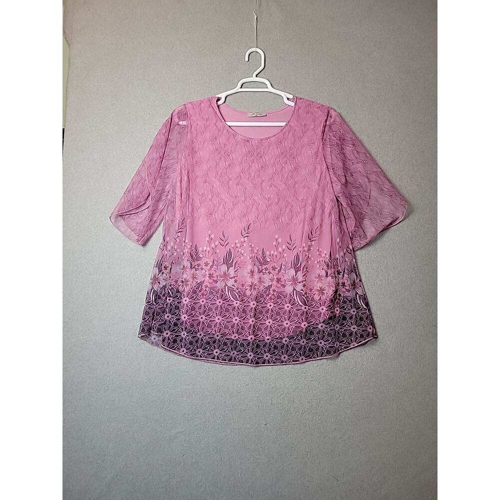 Sese Code Purple Floral 3/4 Sleeve Mesh Blouse Women's Plus 2XL Stretch Lined